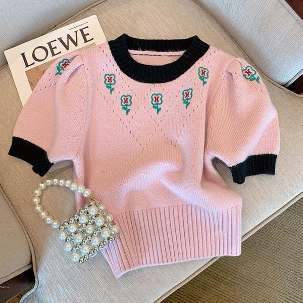 

chic sweet floral embroidery knitted sweaters causal puff sleeve round neck knitwear 2022 summer new short pullover, White;black
