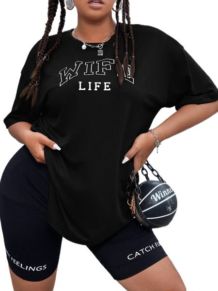 

plus letter graphic drop shoulder oversized tee 221a#, Black