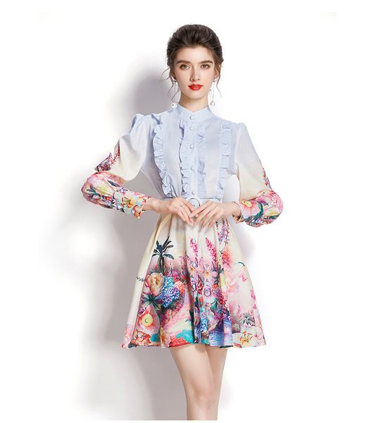 

junlinna women summer dress stand collar long sleeve ruffles printed mini vestidos sashes sliming princess dresses, Black;gray