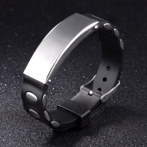 Braccialetti con ciondoli Bracciale in silicone liscio nero regolabile gratuito con argento in acciaio inossidabile Stampaggio ID vuoto Gioielli personalizzatiCharm CChar