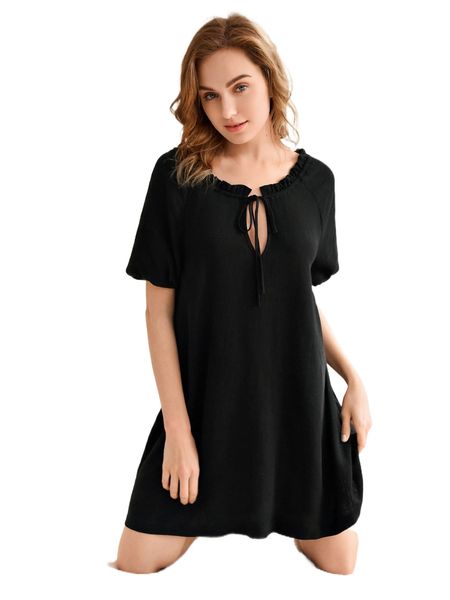 

tie neck lettuce trim tunic dress l723#, Black;gray