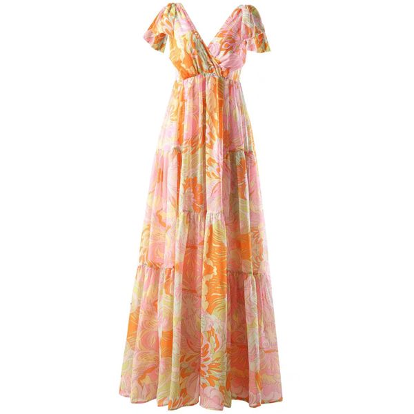 

deep v neck collar sleeveless floral print floor length new dress female designer summer vocation holiday maxi dresses, Black