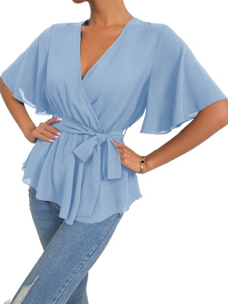 

solid wrap belted v-neck blouse i0tm#, White