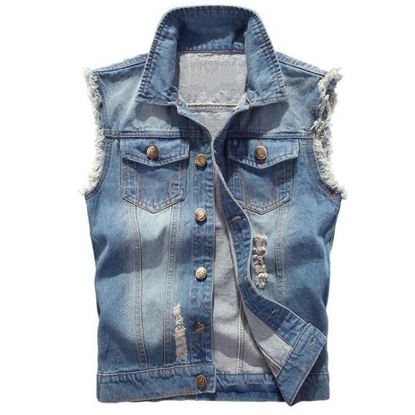 Denim kolsuz ceket erkekler moda yırtılmış pamuk jean yelek gilet rahat kot yelek kovboy hip hop sokak kıyafetleri 220715