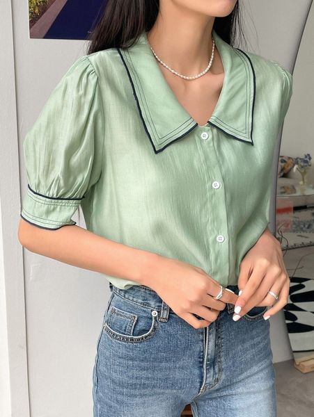 

dazy contrast binding puff sleeve blouse 44ch#, White