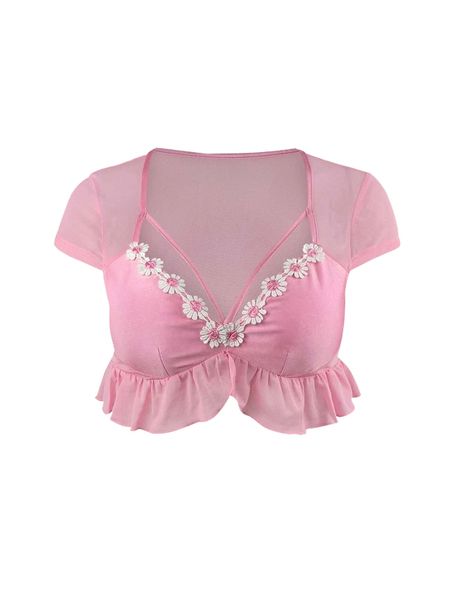 

strappy yoke f.loral a.ppliques peplum t.op f1bd#, White