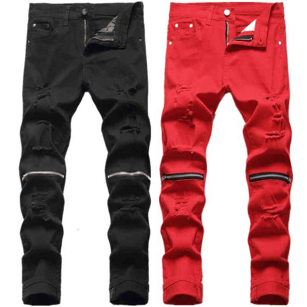 

men's jeans autumn and winter men's broken knee zipper pure white cut casual pants slim fit small foot elastic long uu7c, Blue
