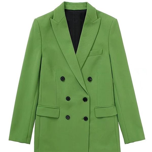 

traf women fashion double breasted blazer coat vintage long sleeve flap pockets female outerwear chic veste femme 220402, White;black