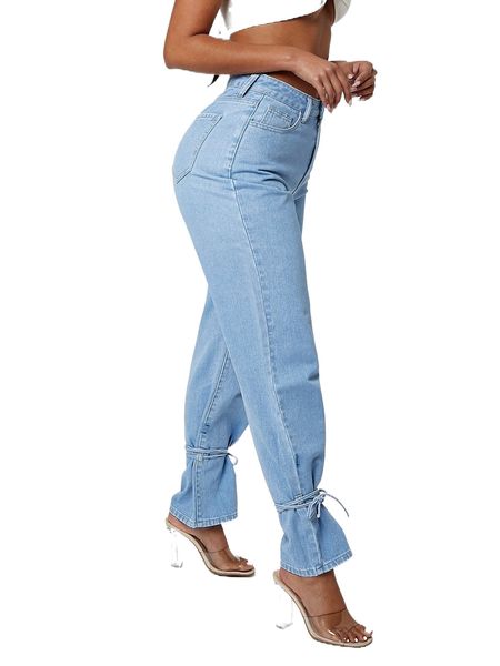 

sxy high waist straight leg tie front jeans q3u7#, Blue