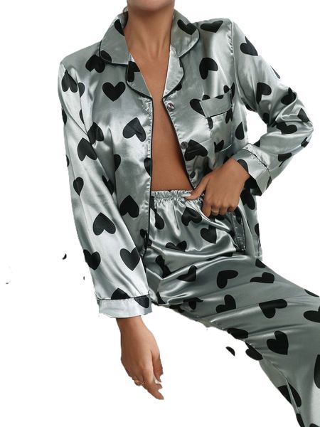 

heart print contrast tipping satin pj set b4hv#, Black;red