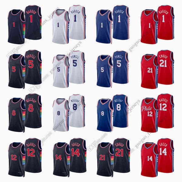 

custom printed 2022 new city basketball jerseys harden harris embiid green powell millsap red blue white black jersey size s--x