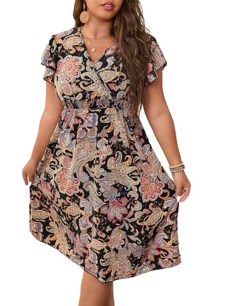 

plus floral & paisley print surplice neck shirred waist dress t8ul#, Black
