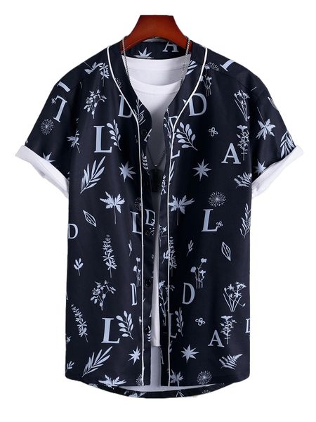 

men random letter & plant print contrast piping shirt without tee e3yf#, White;black