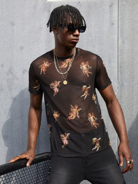 

men angel print mesh tee k8o6#, White;black