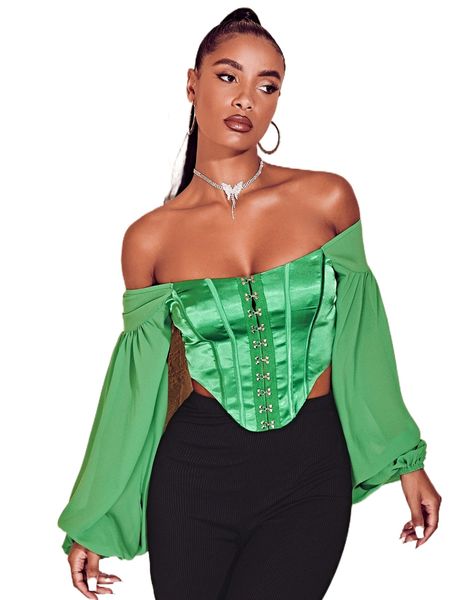 

bae off shoulder hook and eye lantern sleeve curved hem blouse u4hr#, White