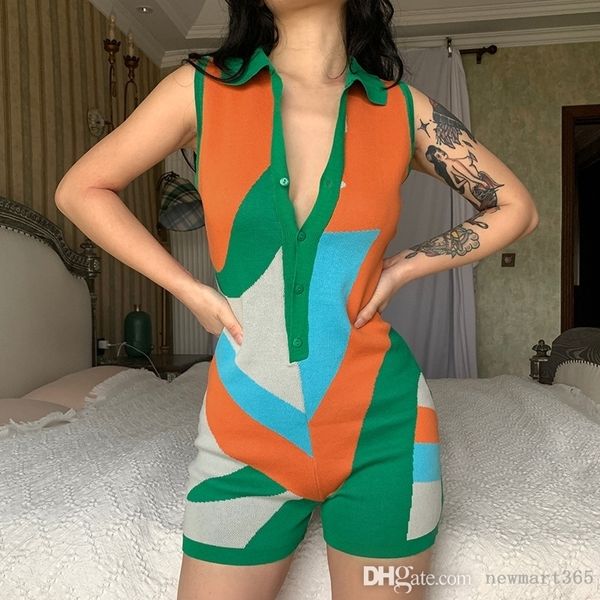 Designer feminino macacões impressão abstrata bodysuit shorts nova sem mangas lapela quente calças curtas macacão