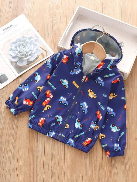

toddler boys letter & car print zipper hooded jacket she, Blue;gray