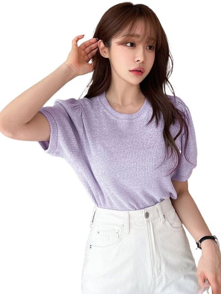 

dazy ribbed knit puff sleeve tee g5hi#, White