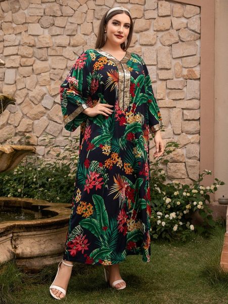 

plus tropical print contrast sequins tape tunic dress 025p#, Black