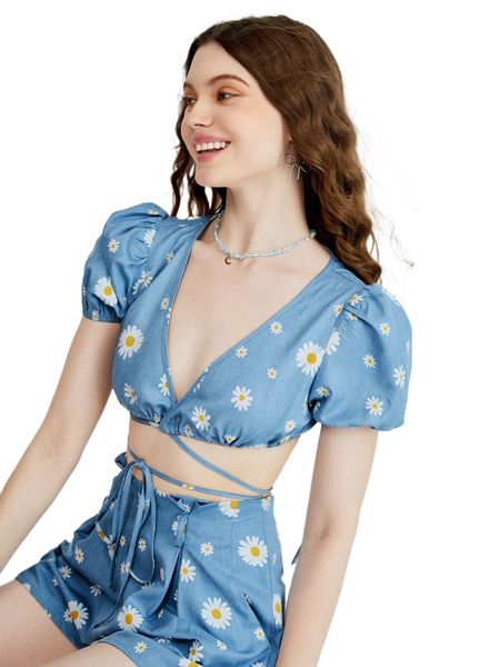 

daisy print puff sleeve crisscross tie front h6az#, White