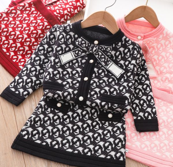 

designer little girls clothes sets lady style kids letter knitted outfits children bows tie long sleeve cardigan skirt 2pcs q8082, White