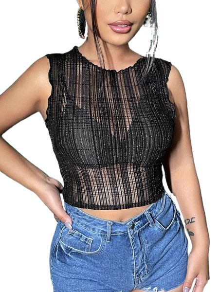 

sxy lettuce trim sheer mesh tank without bra 62i7#, White