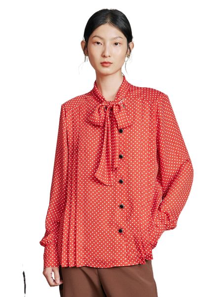 

simple retro polka dot tie neck blouse g21v#, White