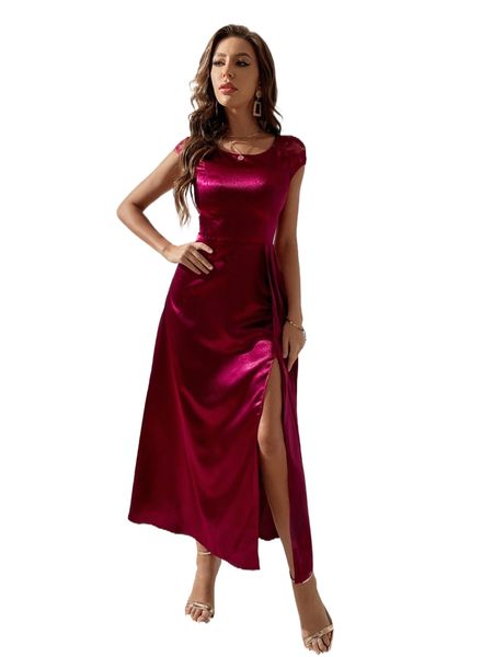 

scoop neck fold pleated split thigh satin dress w1zd#, Black;gray