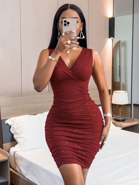 

sxy rhinestone ruched bodycon dress m8jc#, Black;gray