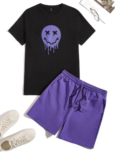 

men expression print tee & drawstring waist shorts x0ec#, Gray