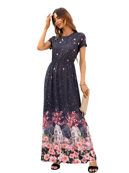 

dearcase floral & houses print hidden pocket dress z3co#, Black;gray