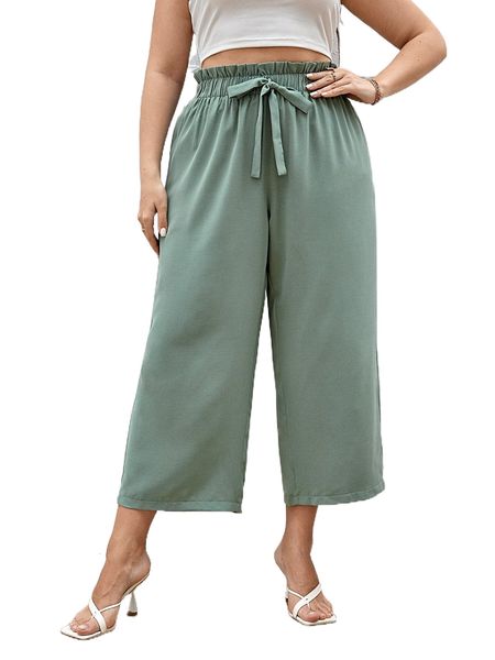 

plus paperbag waist knot front wide leg pants h9rd#, Black