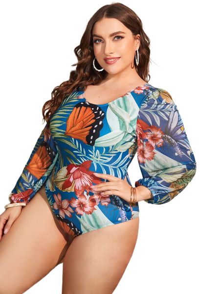 

plus plant print one piece swimsuit c4c1#, White;black