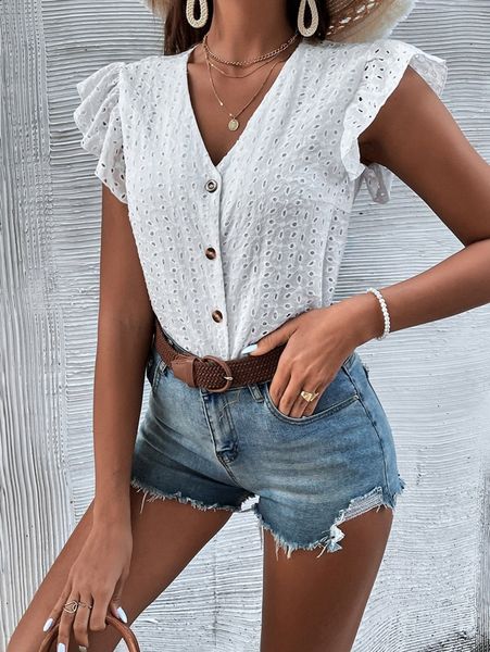 

ruffle armhole button placket schiffy blouse j93x#, White