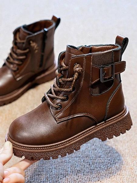 

boys buckle decor lace-up combat boots she, Black;grey