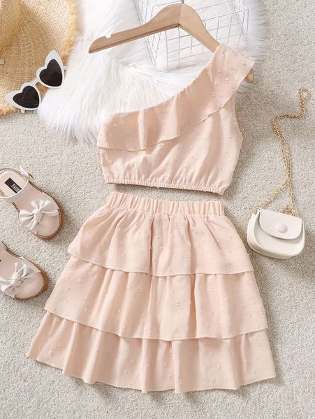 

girls swiss dot one shoulder ruffle trim & layered skirt she, White