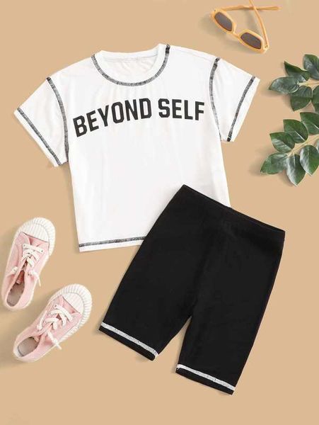 

toddler girls letter graphic tee & biker shorts set she, White