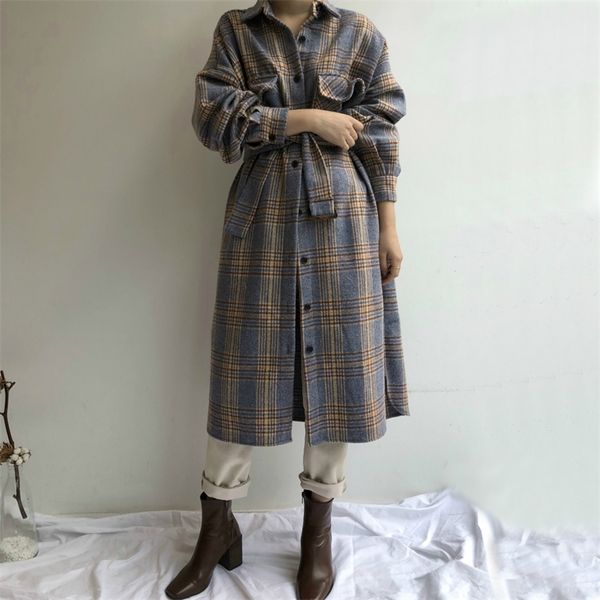 

women autumn winter long woolen plaid shirt coat long sleeve plus size bandage elegant overcoat outwear vintage jacket cloak 201112, Black