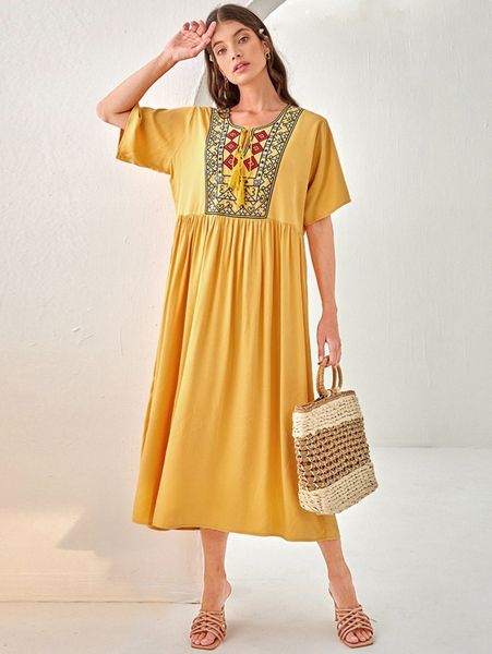 

tassel tie front embroidery detail smock dress n94o#, Black;gray