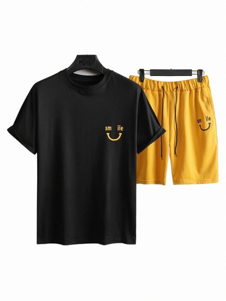 

men letter graphic tee & drawstring waist shorts w27r#, Gray