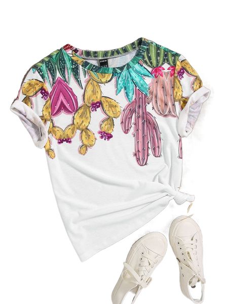 

cactus print round neck tee e8y9#, White