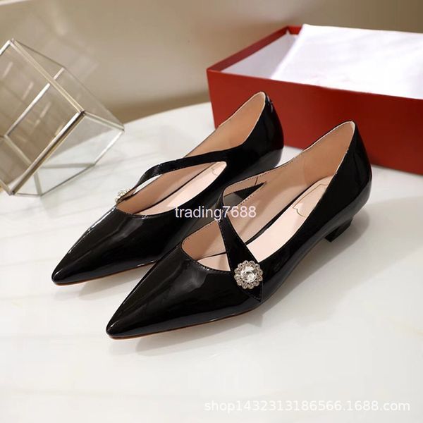

dress shoes spring women's shoes fashion patent leather pointed shallow mouth elegant low heel drill buckle inclined belt single scoop, Black