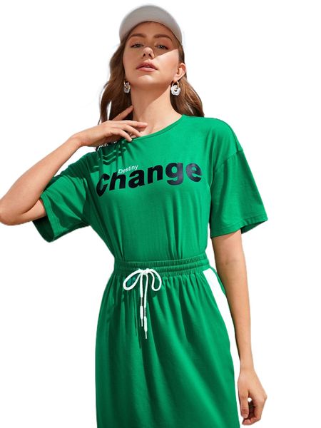 

letter graphic drop shoulder tee & drawstring waist contrast side seam skirt 20xi#, White