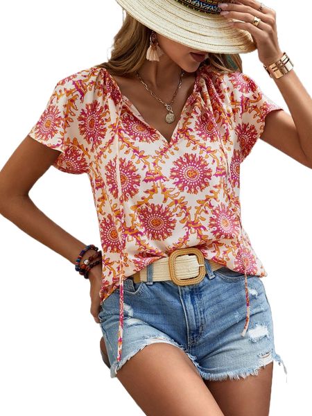 

allover print tie neck batwing sleeve blouse o3wo#, White