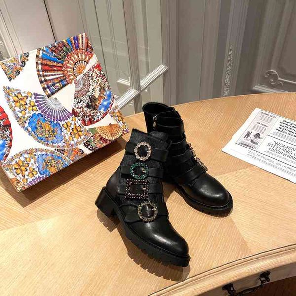 

women's leather boots boots with buckle decorative shoes round head square high heels series in winter, Black