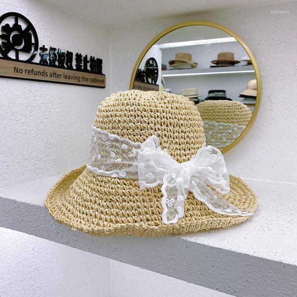 Chapéus de aba larga 202206-yz-dudu verão malha de tricô manual lace bowknot férias lady sun tap women lazer chapéu de lazer Delm22