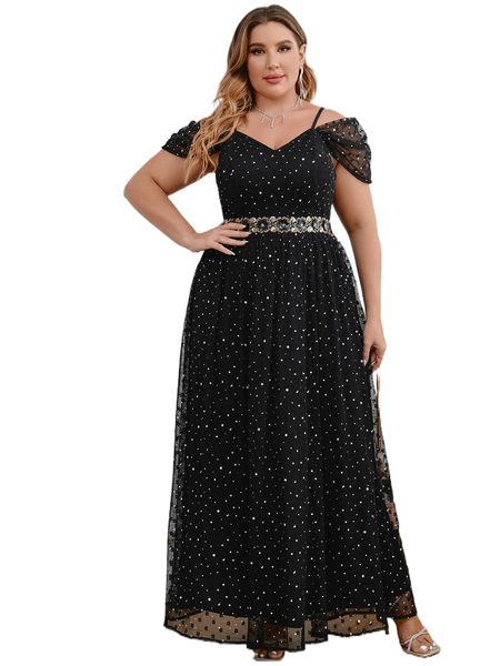 

plus star pattern applique cold shoulder mesh bridesmaid dress 60mx#, Black