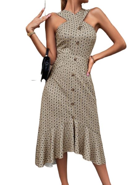 

allover print ruffle hem halter dress 30dv#, Black;gray