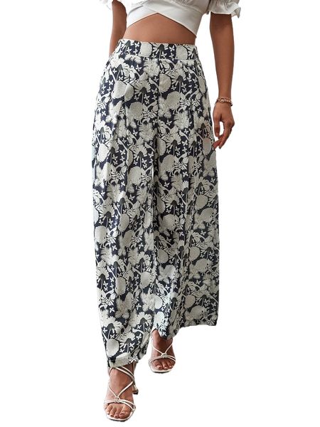 

floral print plicated detail wide leg pants s0if#, Black;white