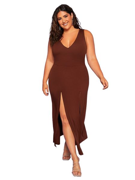 

plus solid split thigh dress z6kf#, Black